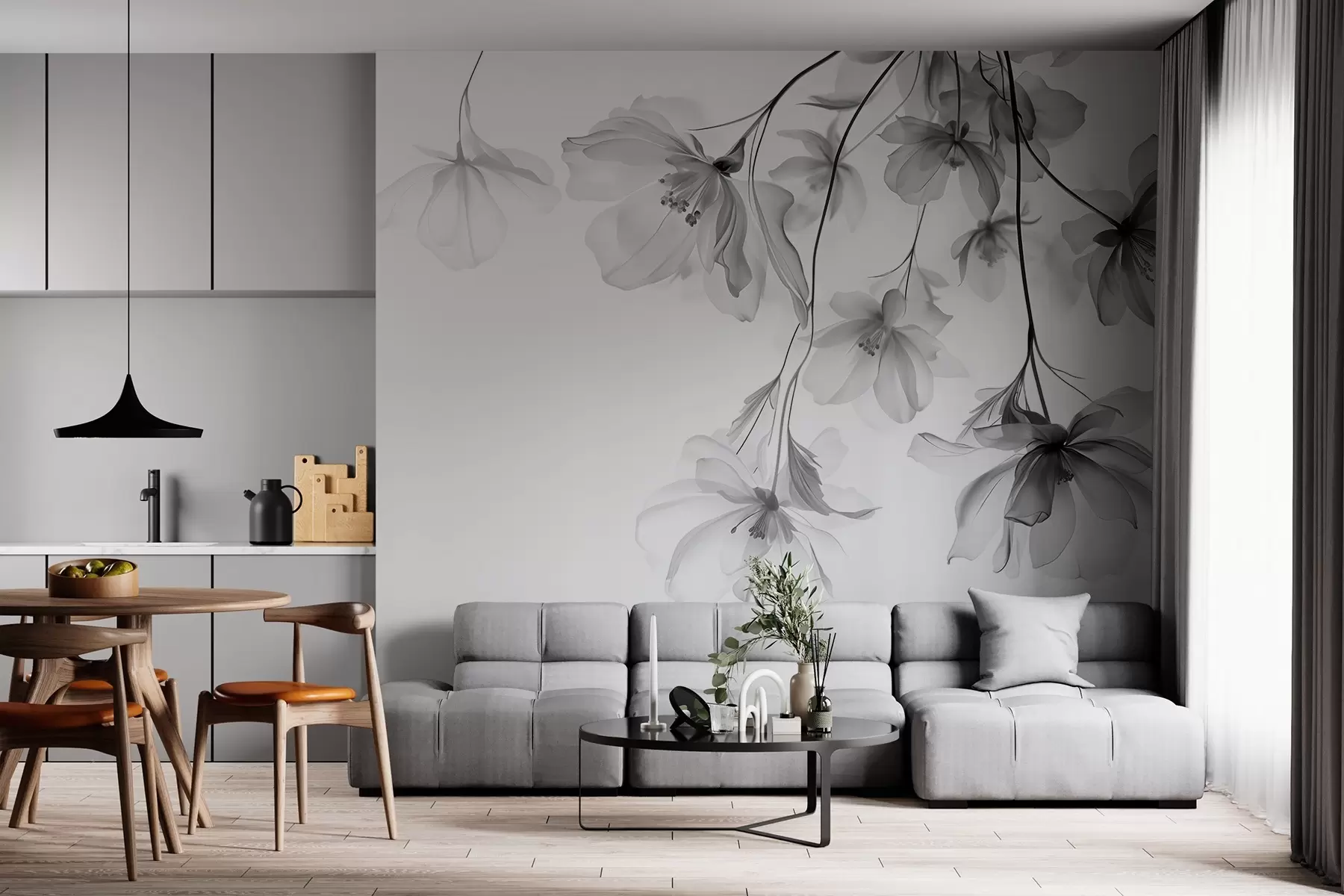 wall murals Black flowers with translucent petals hanging from a branch, black and white, minimalist modern art composition w08911