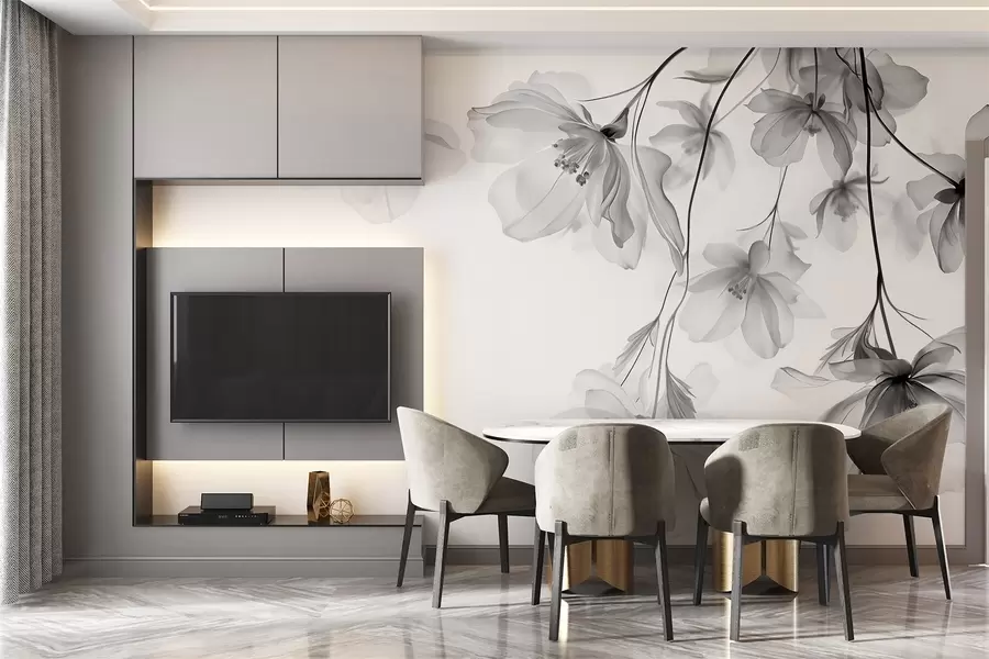 wall murals Black flowers with translucent petals hanging from a branch, black and white, minimalist modern art composition w08911