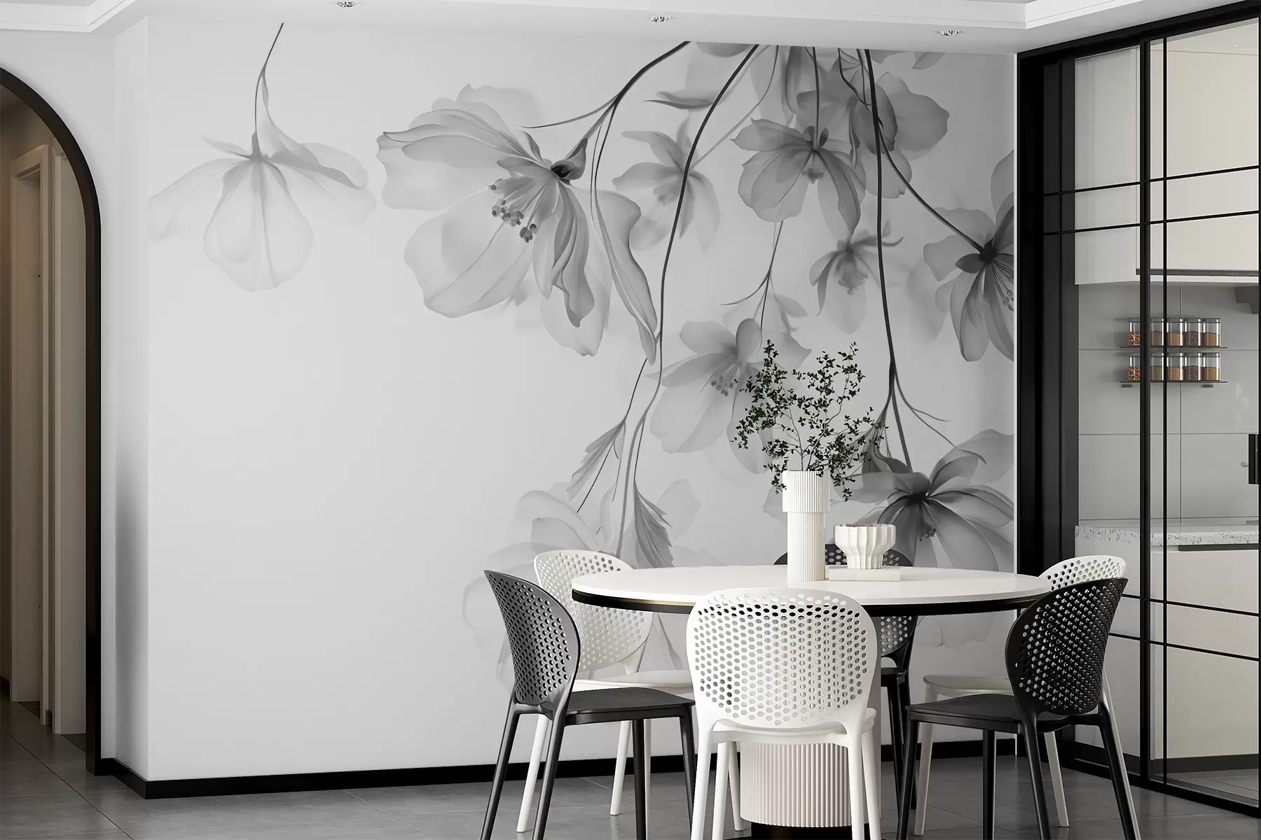 wall murals Black flowers with translucent petals hanging from a branch, black and white, minimalist modern art composition w08911