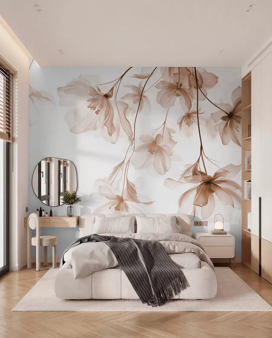wall murals Beige flowers with translucent petals hanging from a branch, beige and white, minimalist modern art composition w08911v1