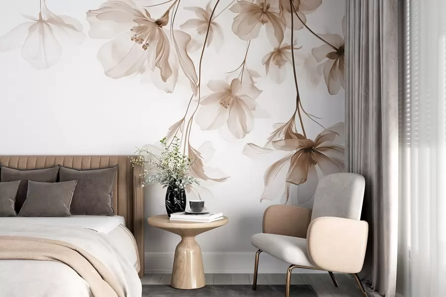 wall murals Beige flowers with translucent petals hanging from a branch, beige and white, minimalist modern art composition w08911v1