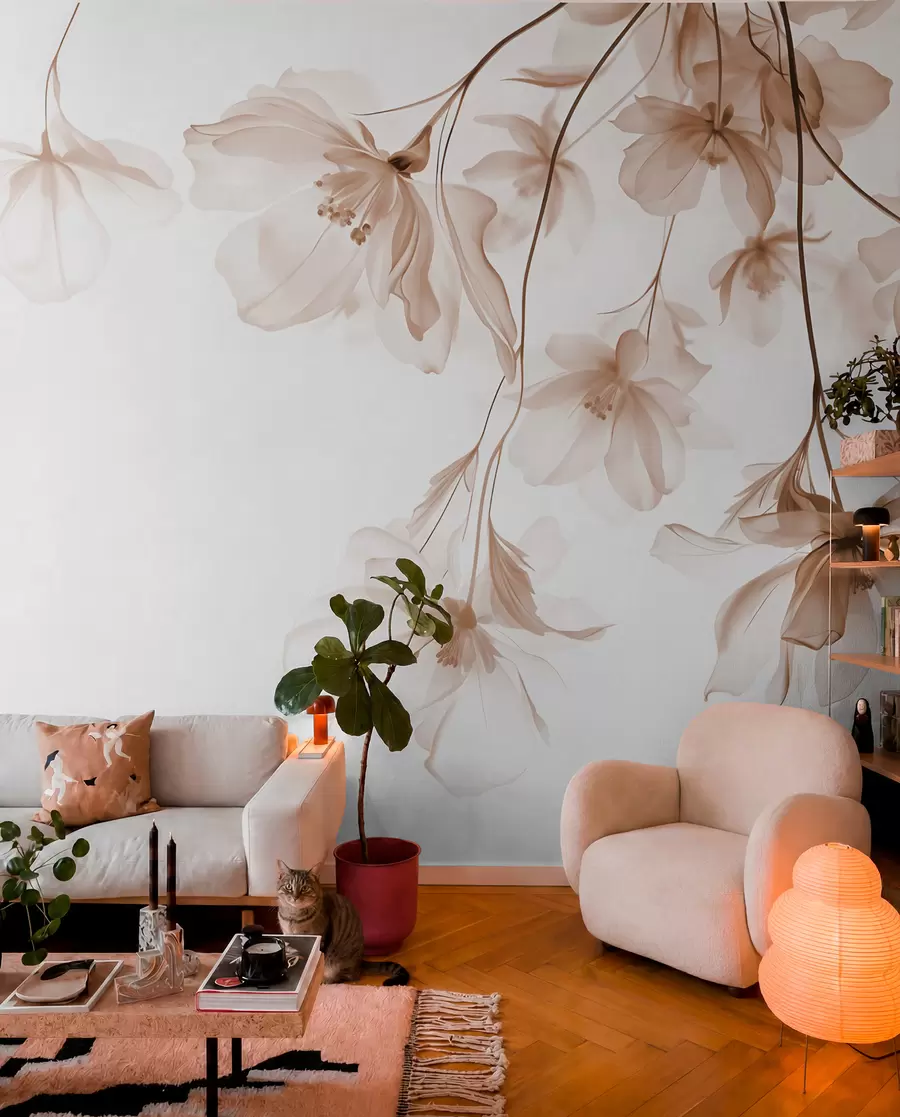 wall murals Beige flowers with translucent petals hanging from a branch, beige and white, minimalist modern art composition w08911v1