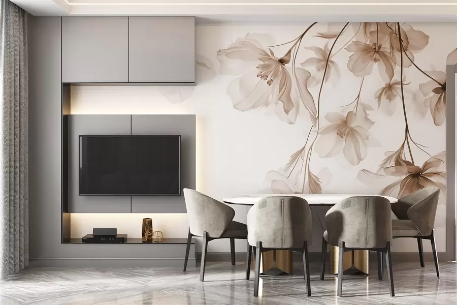 wall murals Beige flowers with translucent petals hanging from a branch, beige and white, minimalist modern art composition w08911v1