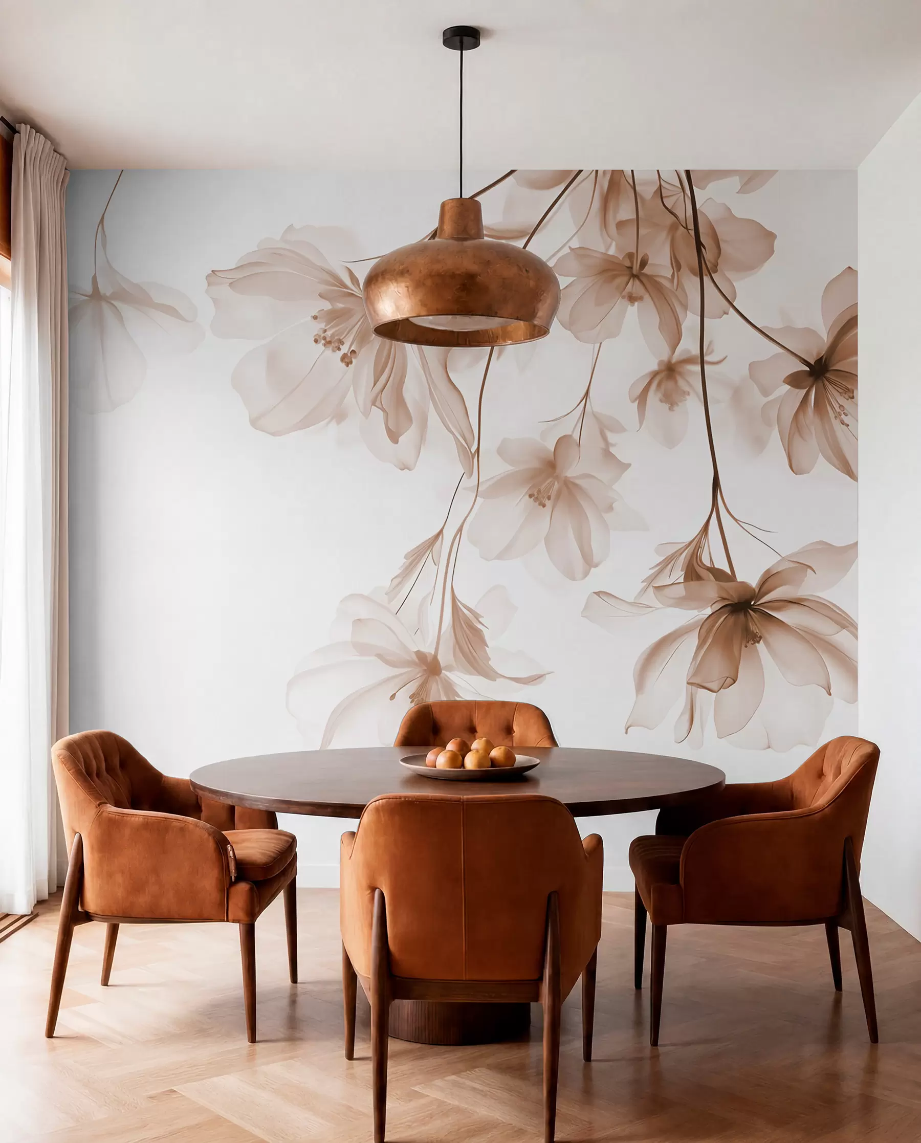 wall murals Beige flowers with translucent petals hanging from a branch, beige and white, minimalist modern art composition w08911v1