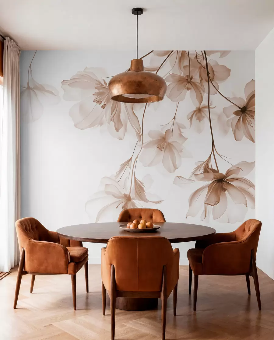 wall murals Beige flowers with translucent petals hanging from a branch, beige and white, minimalist modern art composition w08911v1