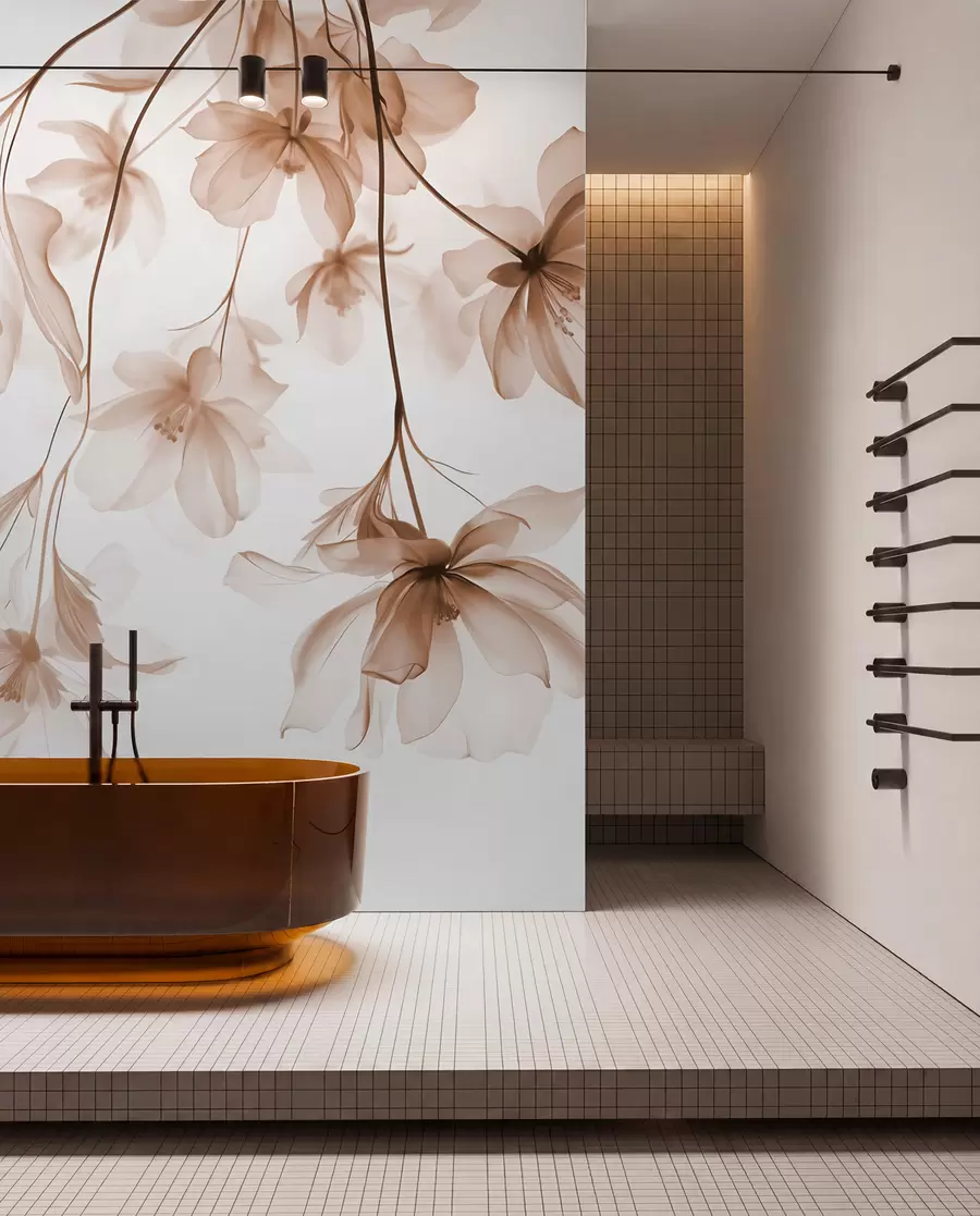 wall murals Beige flowers with translucent petals hanging from a branch, beige and white, minimalist modern art composition w08911v1