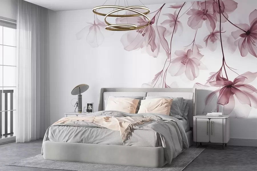 wall murals Pink flowers with translucent petals hanging from a branch, pink and white, minimalist modern art composition w08911v2