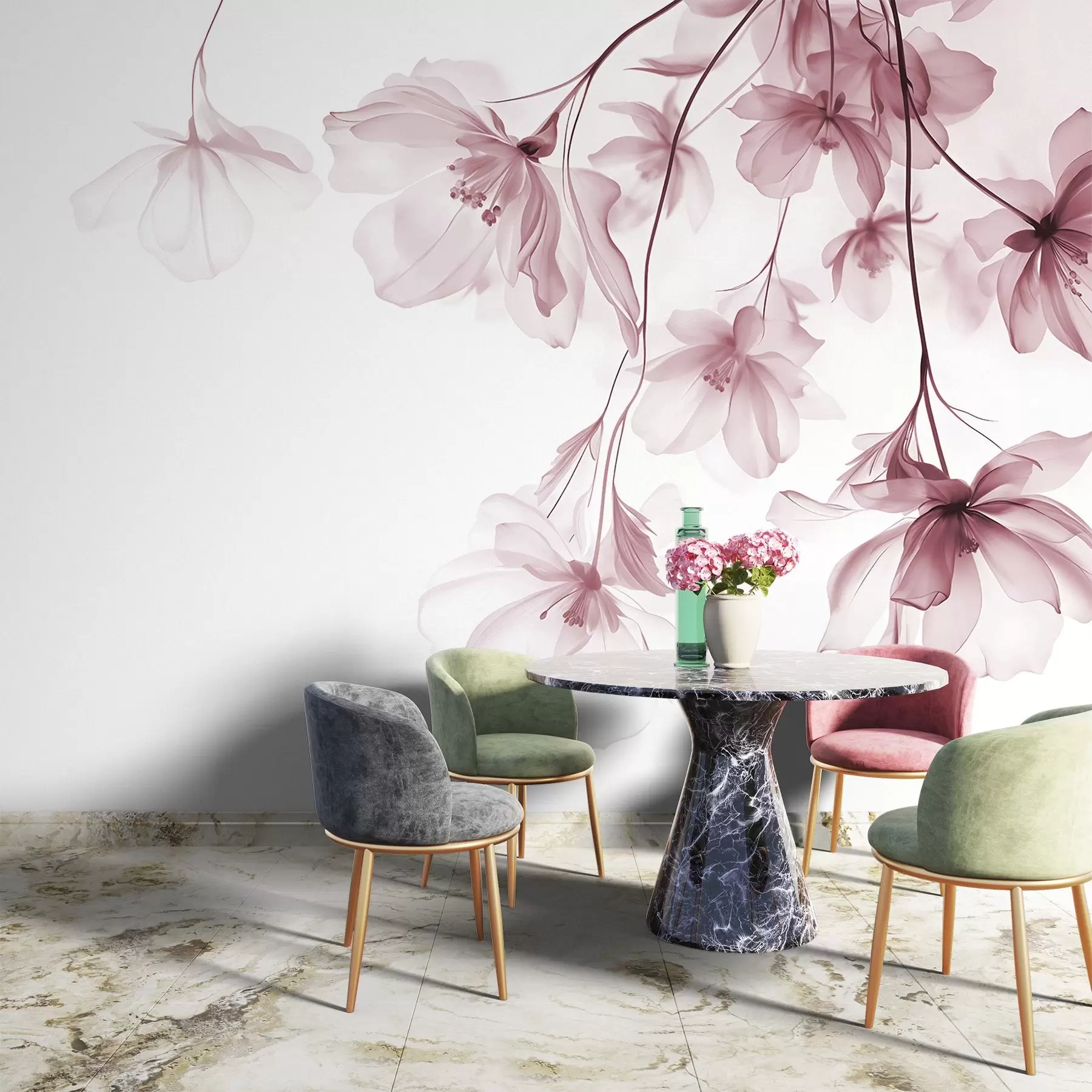 wall murals Pink flowers with translucent petals hanging from a branch, pink and white, minimalist modern art composition w08911v2