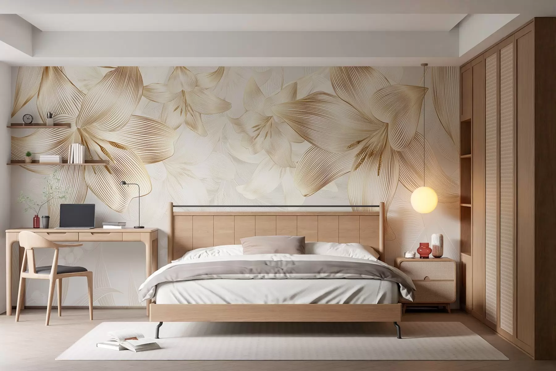 wall murals Yellow lilies with intricate line details, elegant floral arrangement, neutral color palette w08912