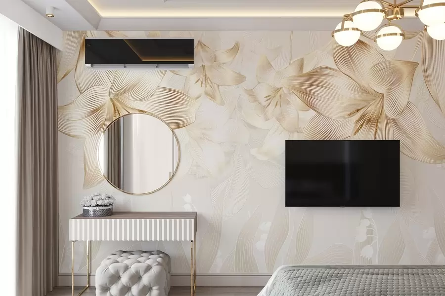 wall murals Yellow lilies with intricate line details, elegant floral arrangement, neutral color palette w08912