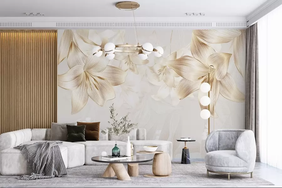 wall murals Yellow lilies with intricate line details, elegant floral arrangement, neutral color palette w08912