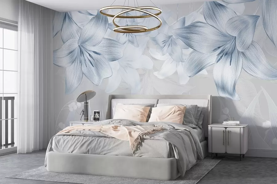 wall murals Blue lilies with intricate line details, elegant floral arrangement, neutral color palette w08912v1