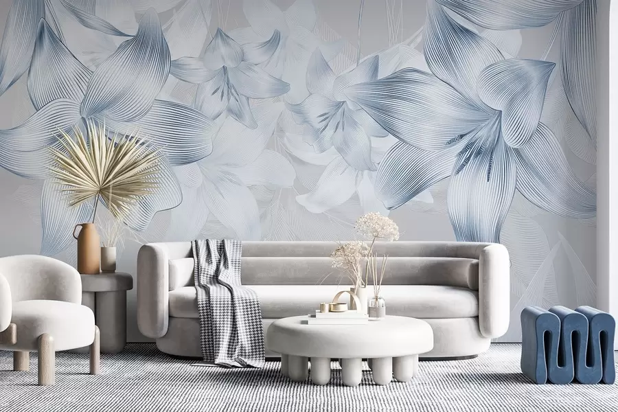 wall murals Blue lilies with intricate line details, elegant floral arrangement, neutral color palette w08912v1