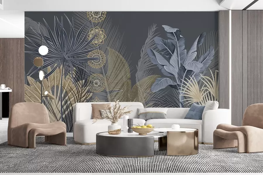 wall murals Tropical leaves in blue and brown tones, palm leaves, banana leaves and mandala ornaments, dark background w08913