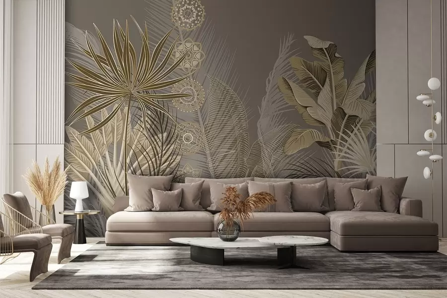 wall murals Tropical leaves in beige and brown tones, palm leaves, banana leaves and mandala ornaments, dark background w08913v1