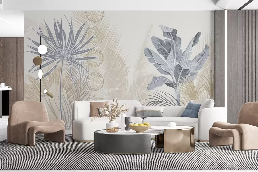 wall murals Tropical leaves in blue and beige tones, palm leaves, banana leaves and mandala ornaments, light background w08913v2