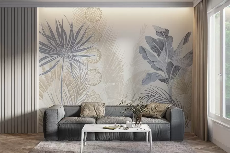 wall murals Tropical leaves in blue and beige tones, palm leaves, banana leaves and mandala ornaments, light background w08913v2