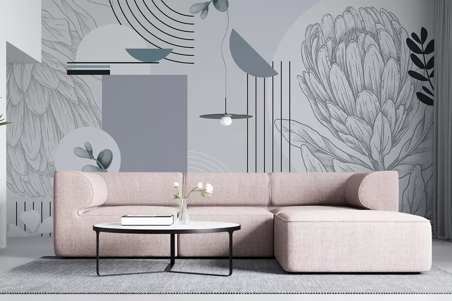 wall murals Abstract botanical print with protea flower, eucalyptus leaves, geometric shapes in a minimalist style, pastel colors w08914v1