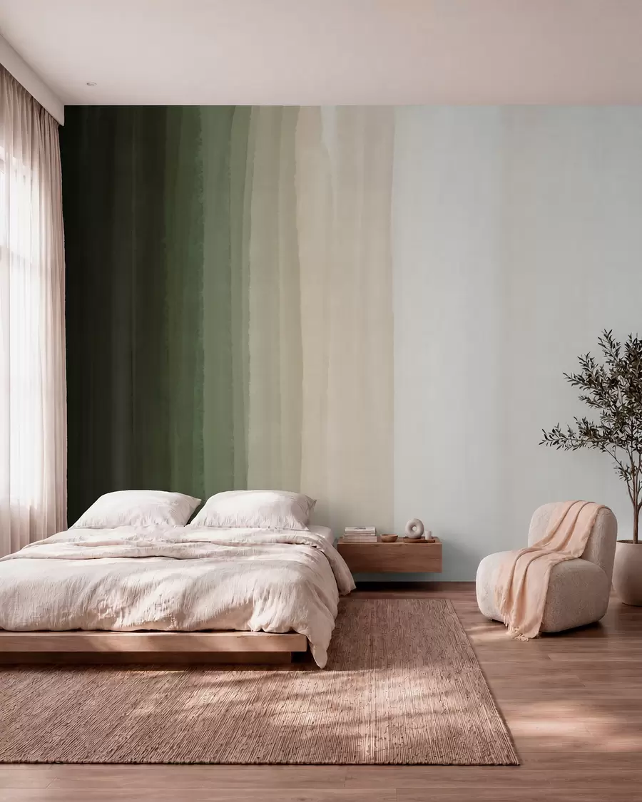 wall murals Abstract minimalistic gradient print with vertical stripes of dark green, beige and white  w08915