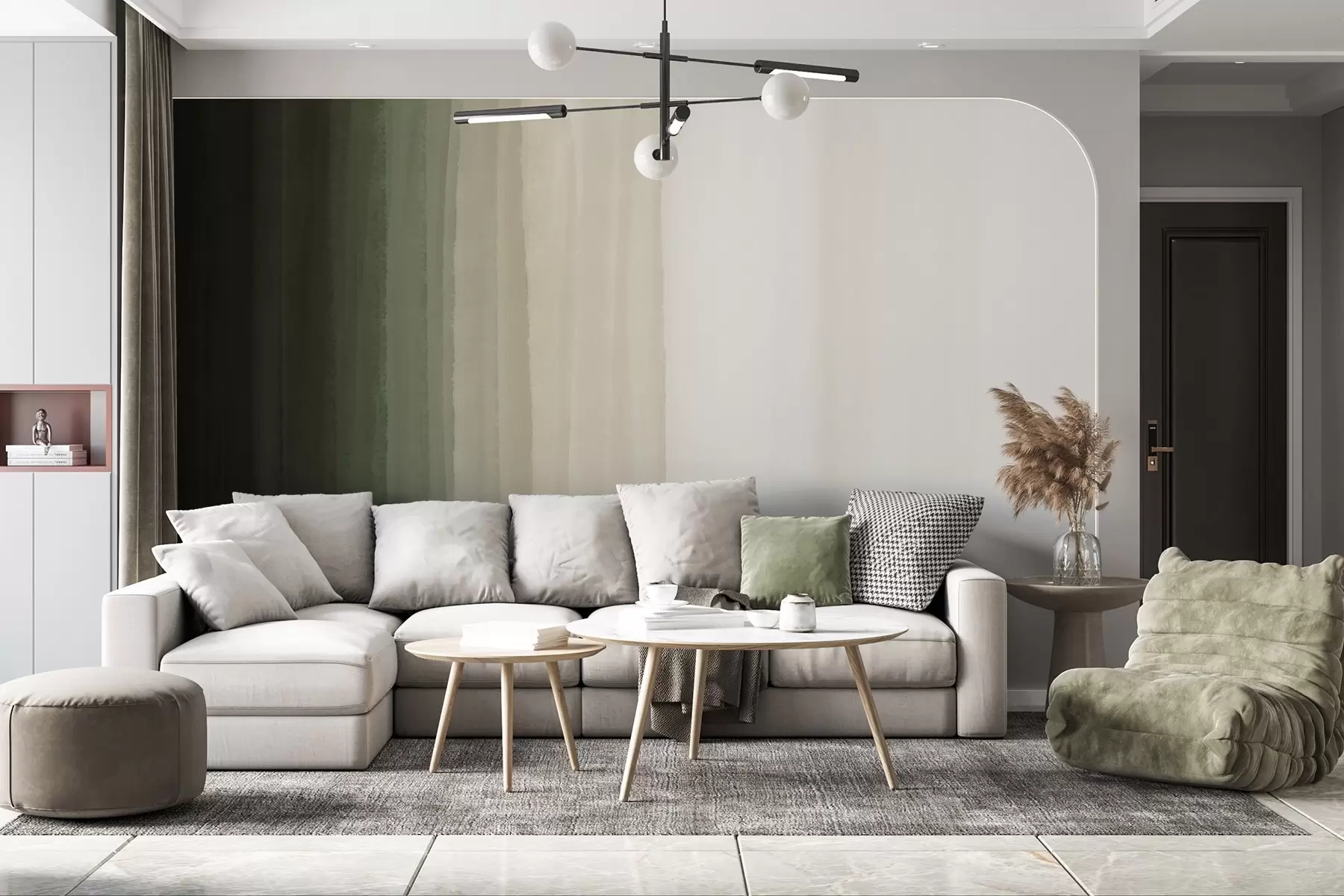 wall murals Abstract minimalistic gradient print with vertical stripes of dark green, beige and white  w08915
