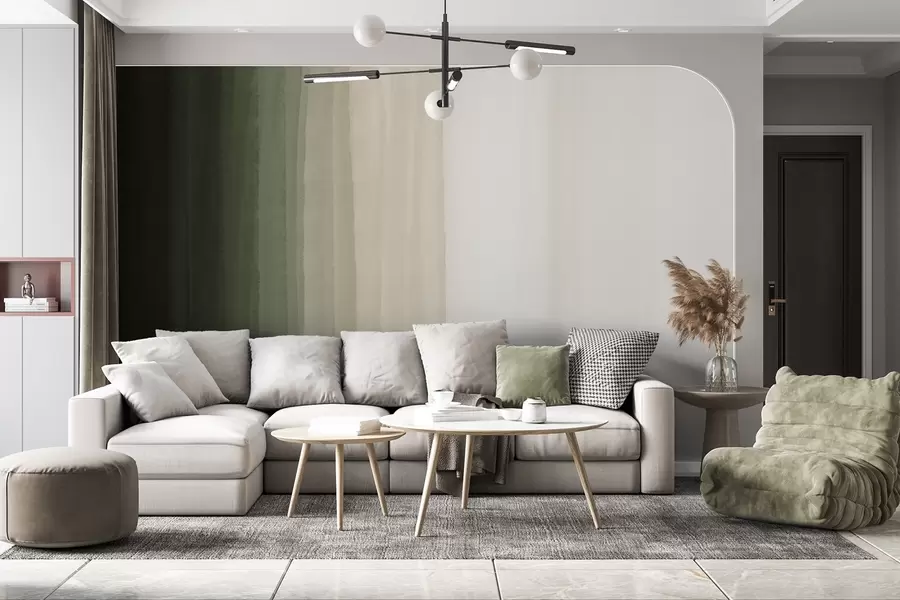 wall murals Abstract minimalistic gradient print with vertical stripes of dark green, beige and white  w08915