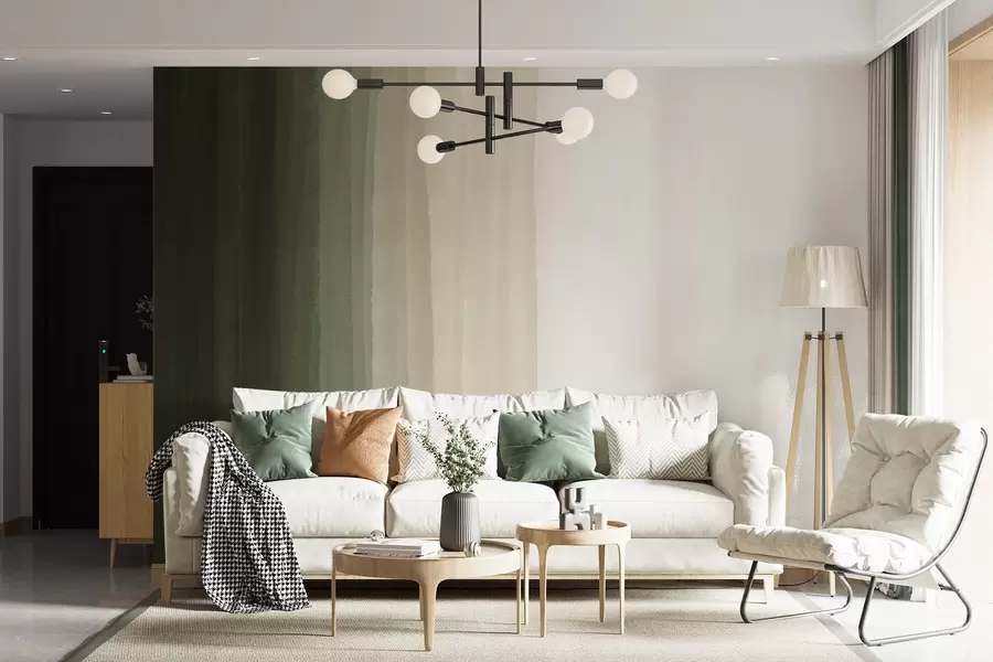 wall murals Abstract minimalistic gradient print with vertical stripes of dark green, beige and white  w08915
