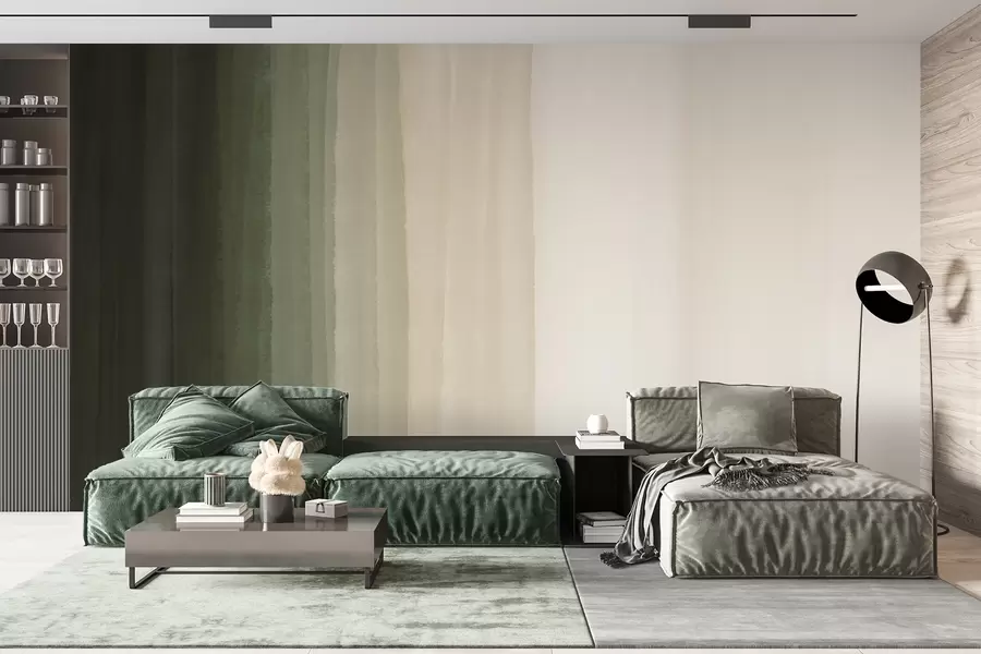 wall murals Abstract minimalistic gradient print with vertical stripes of dark green, beige and white  w08915