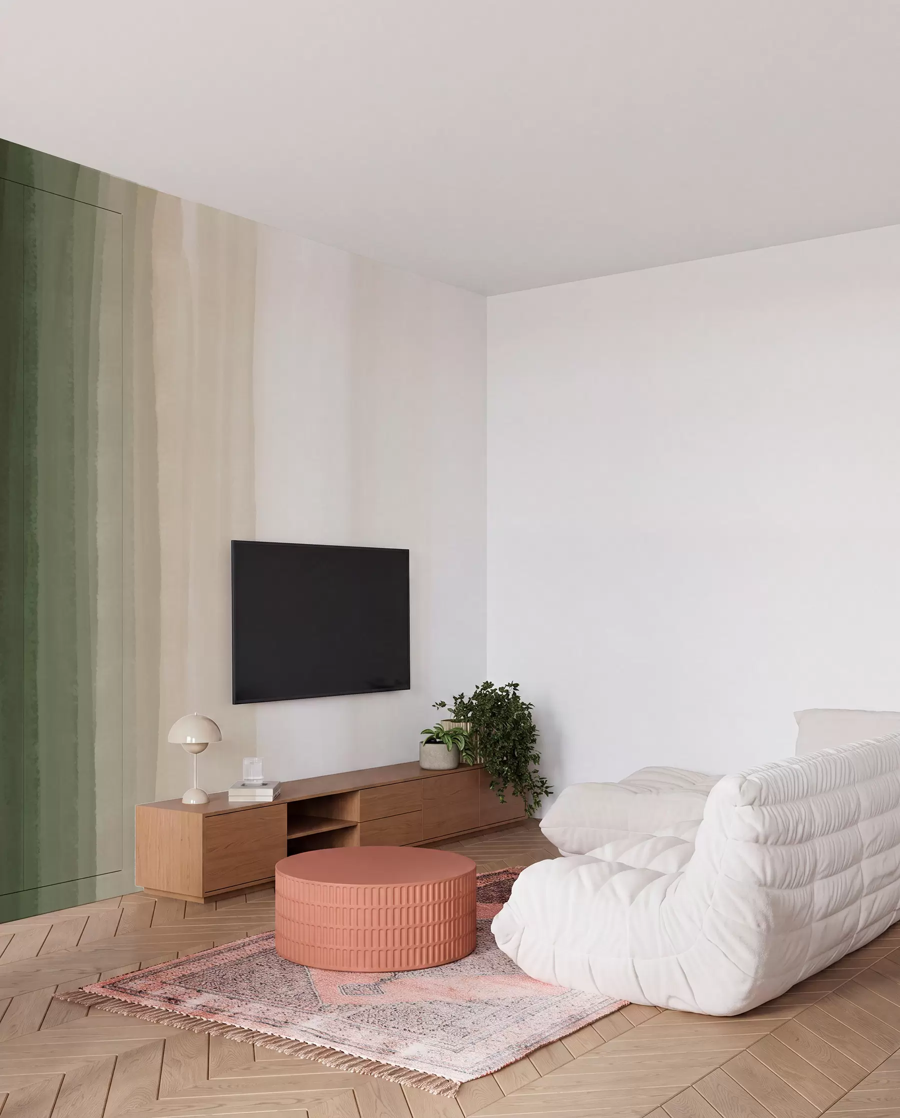 wall murals Abstract minimalistic gradient print with vertical stripes of dark green, beige and white  w08915