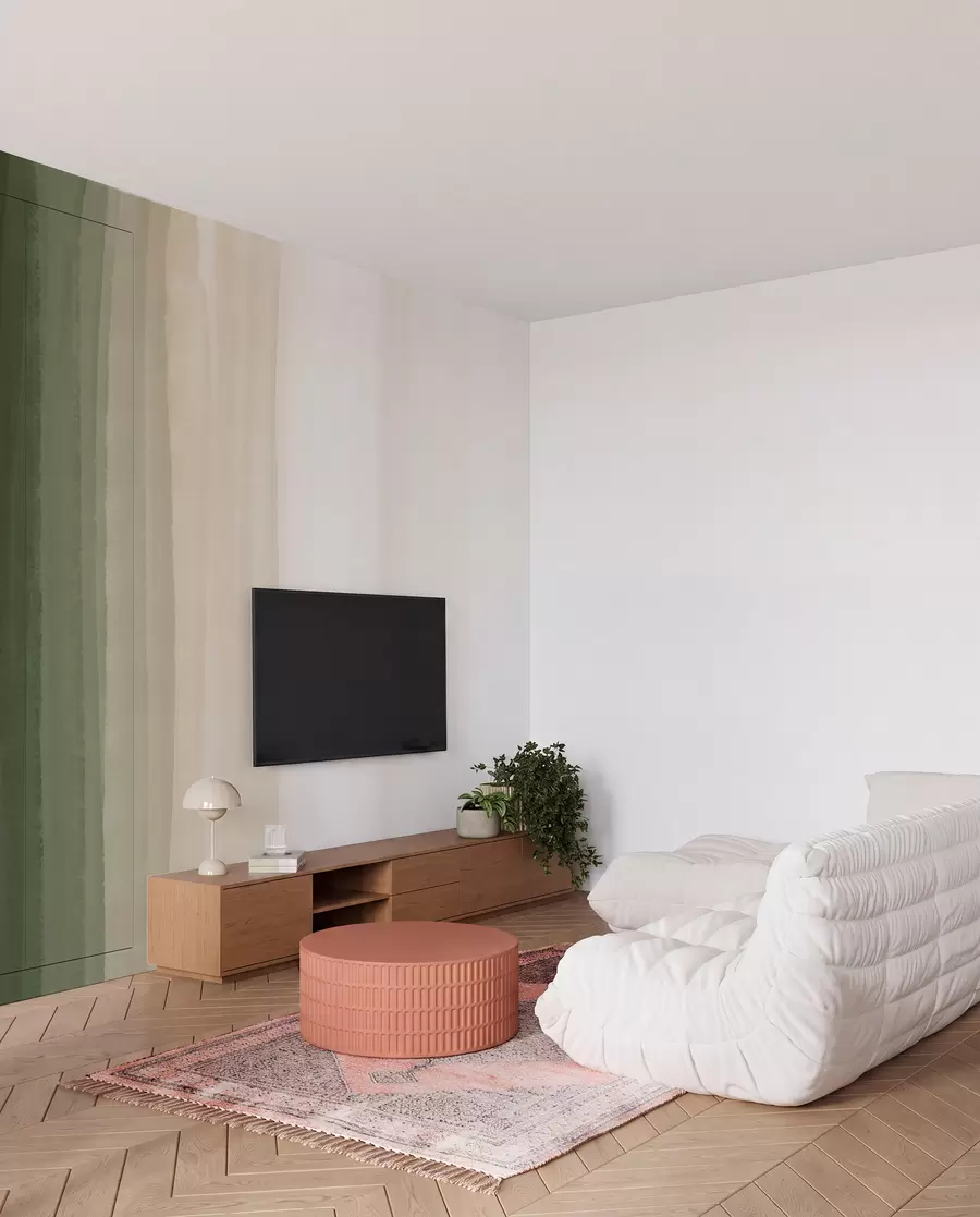 wall murals Abstract minimalistic gradient print with vertical stripes of dark green, beige and white  w08915