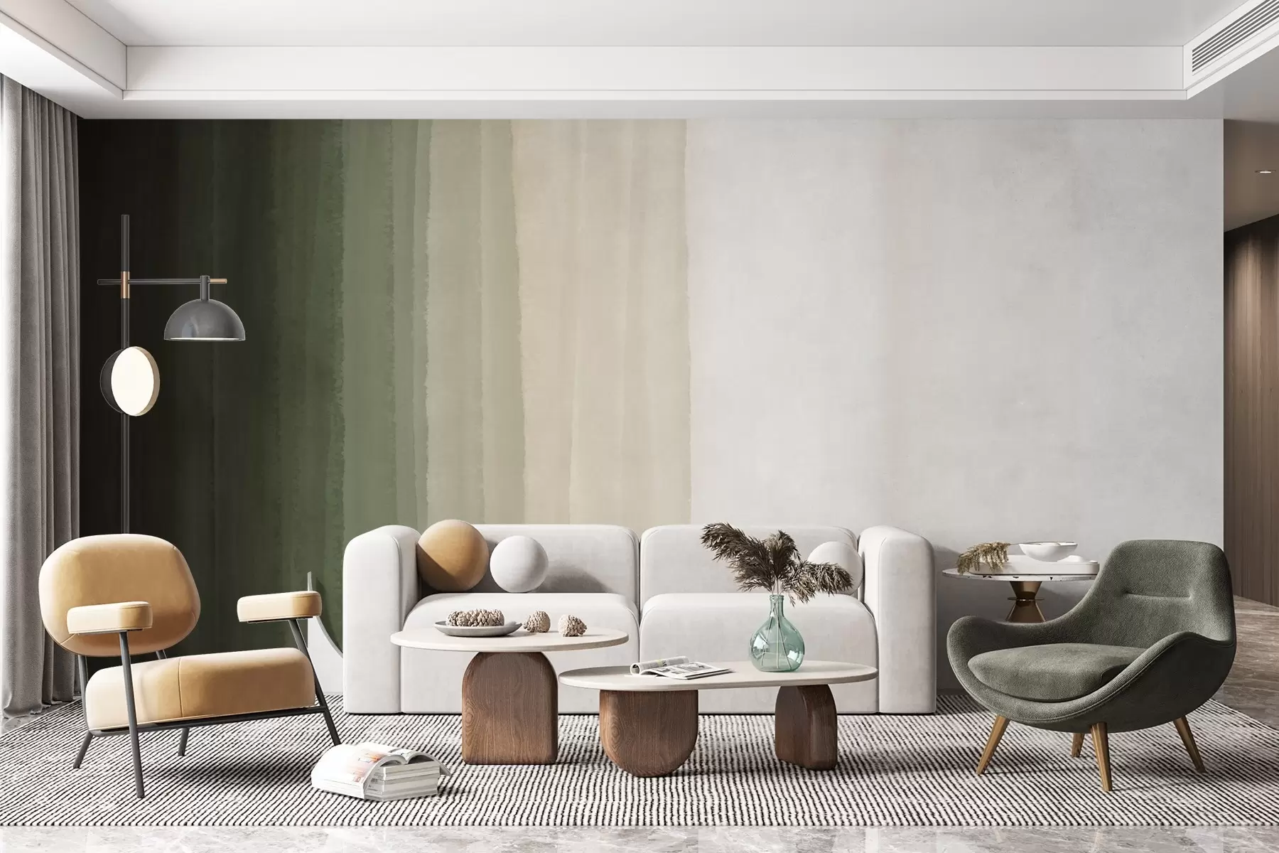 wall murals Abstract minimalistic gradient print with vertical stripes of dark green, beige and white  w08915