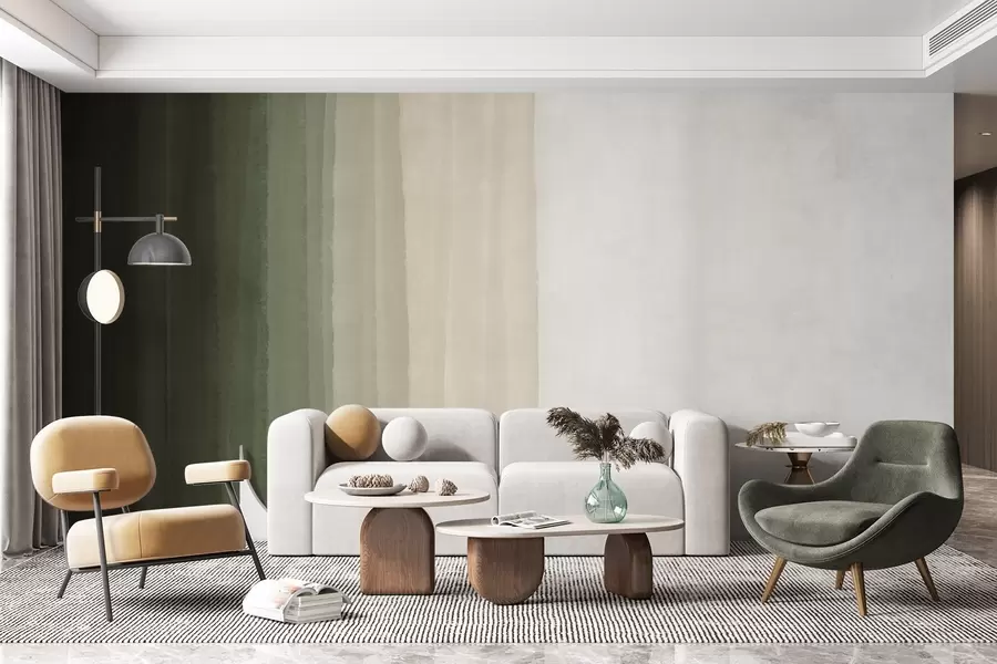 wall murals Abstract minimalistic gradient print with vertical stripes of dark green, beige and white  w08915