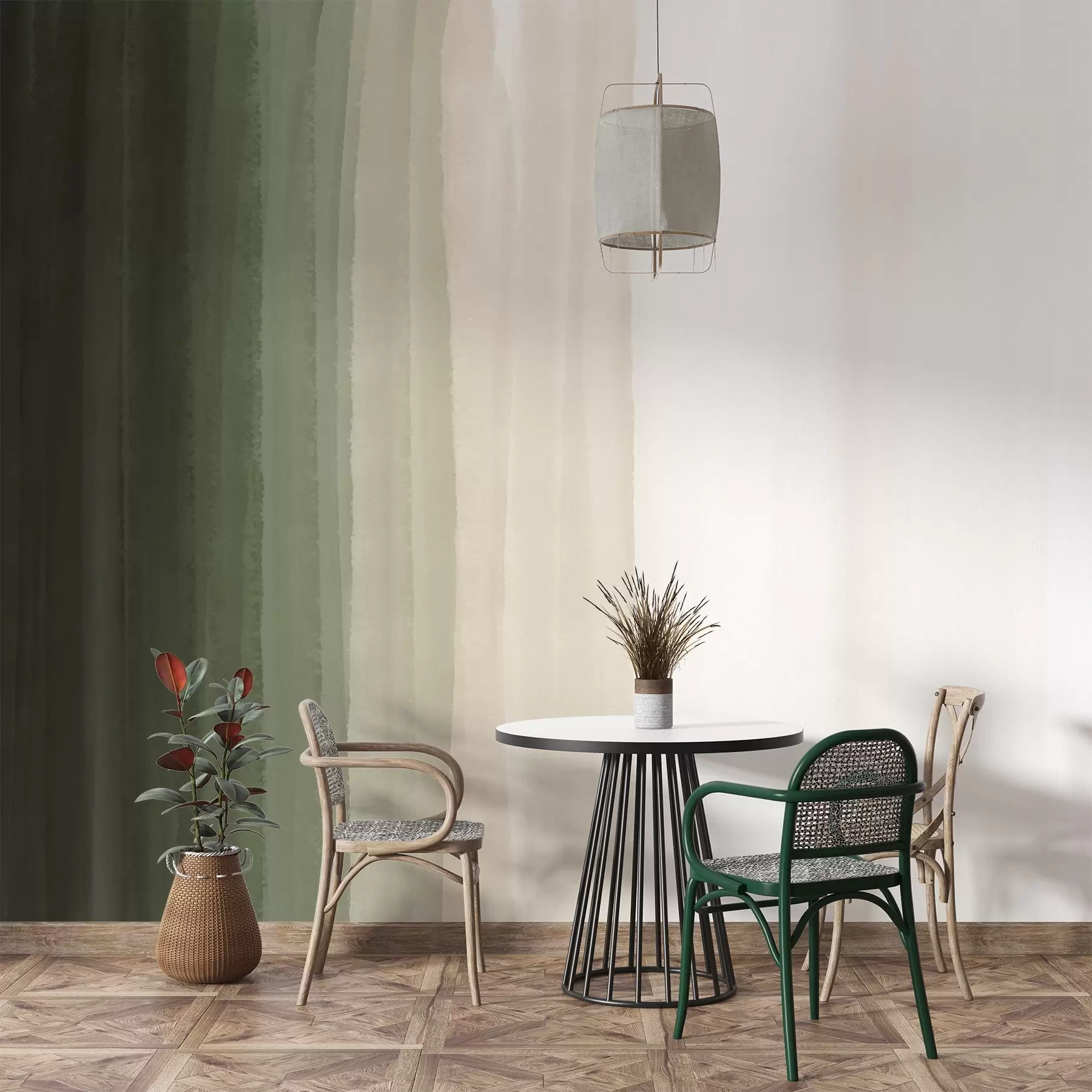 wall murals Abstract minimalistic gradient print with vertical stripes of dark green, beige and white  w08915