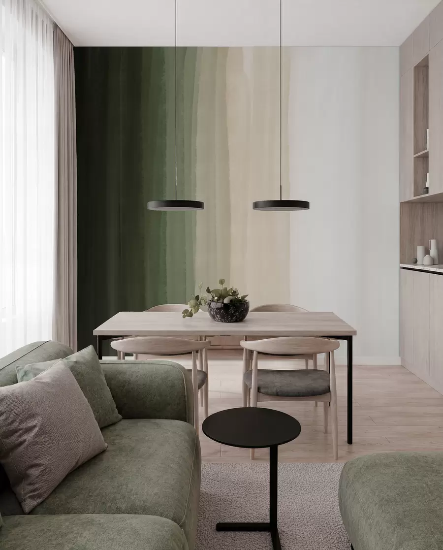 wall murals Abstract minimalistic gradient print with vertical stripes of dark green, beige and white  w08915