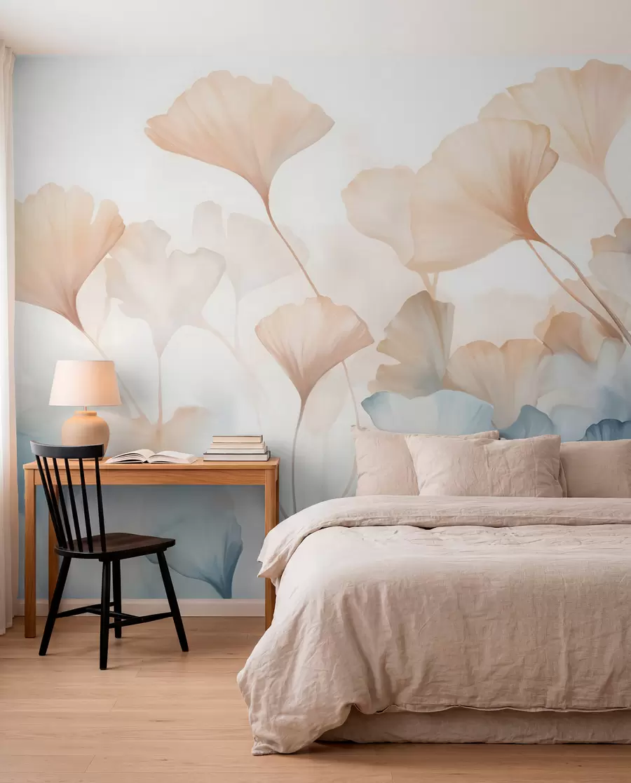 wall murals Ginkgo leaves in blue and orange watercolor, translucent petals, delicate stems, soft color palette w08917