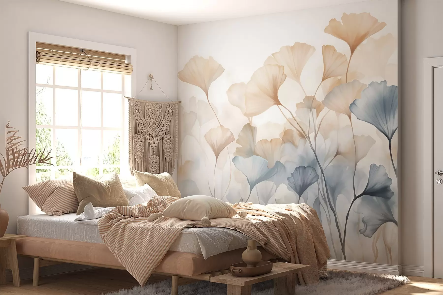 wall murals Ginkgo leaves in blue and orange watercolor, translucent petals, delicate stems, soft color palette w08917