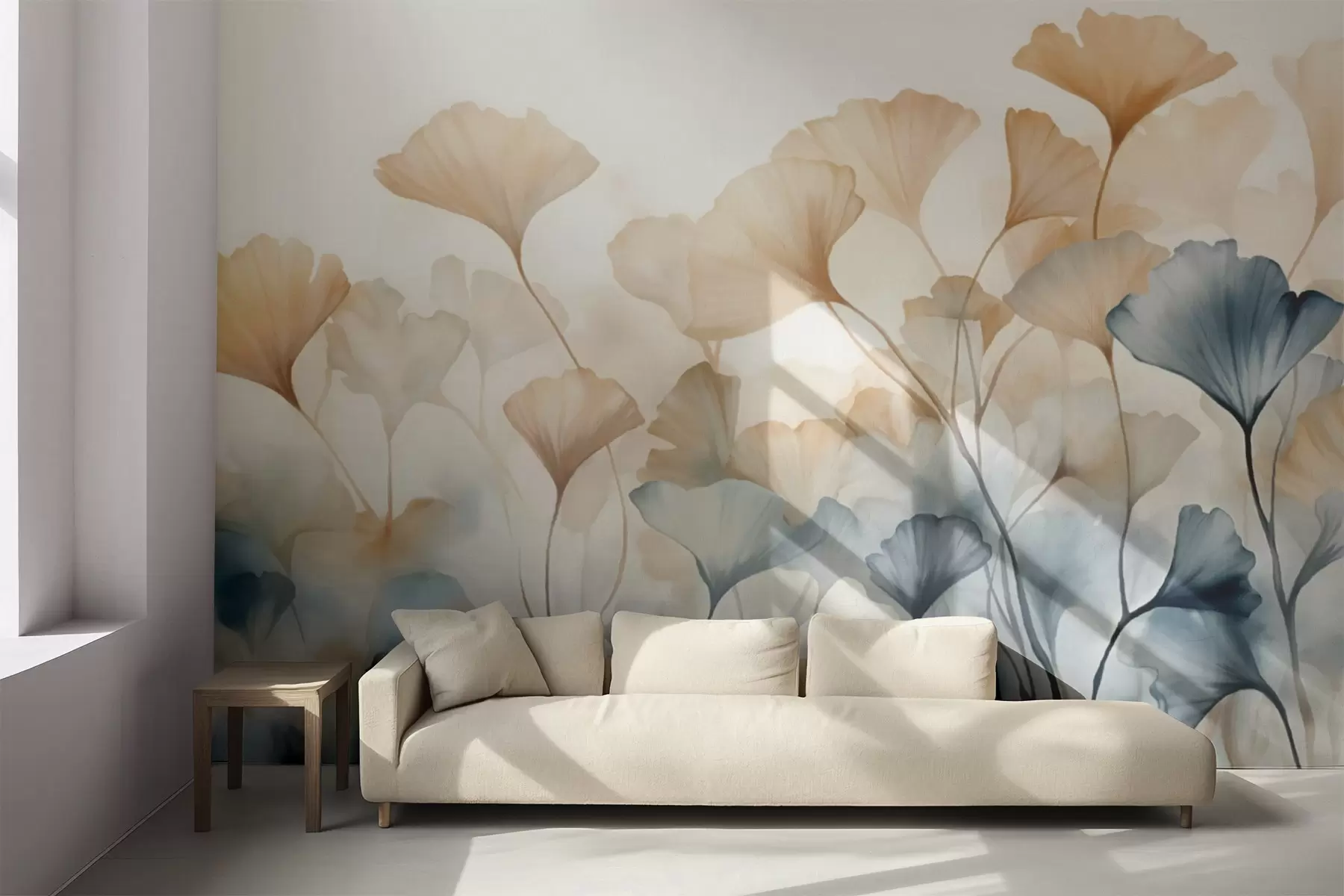 wall murals Ginkgo leaves in blue and orange watercolor, translucent petals, delicate stems, soft color palette w08917