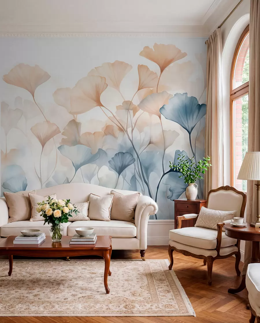 wall murals Ginkgo leaves in blue and orange watercolor, translucent petals, delicate stems, soft color palette w08917