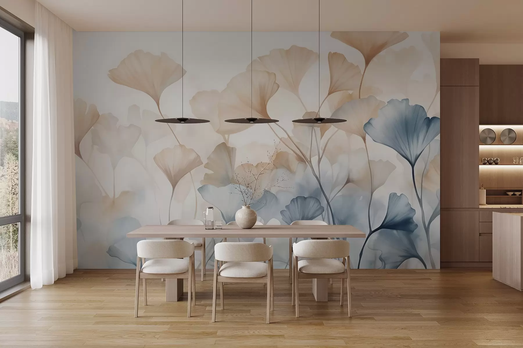 wall murals Ginkgo leaves in blue and orange watercolor, translucent petals, delicate stems, soft color palette w08917
