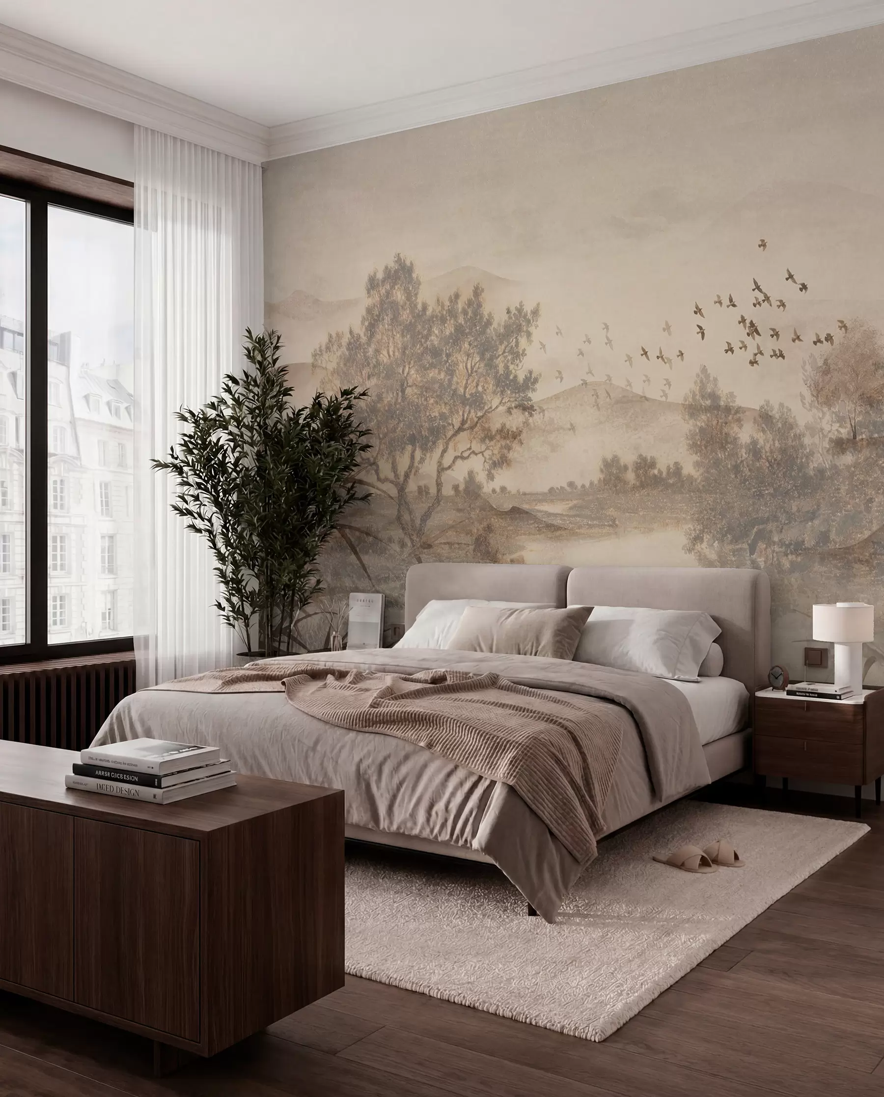 wall murals Textured vintage landscape with a tree near river and a cloudy sky, nature art in sepia tones w08920