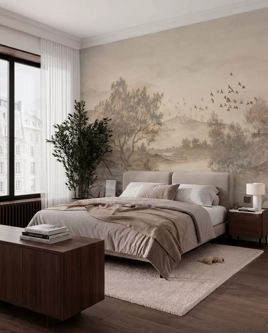 wall murals Textured vintage landscape with a tree near river and a cloudy sky, nature art in sepia tones w08920