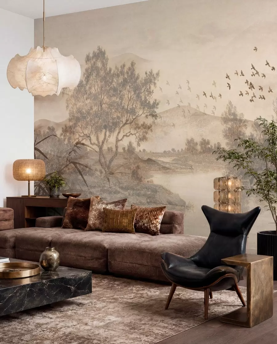 wall murals Textured vintage landscape with a tree near river and a cloudy sky, nature art in sepia tones w08920