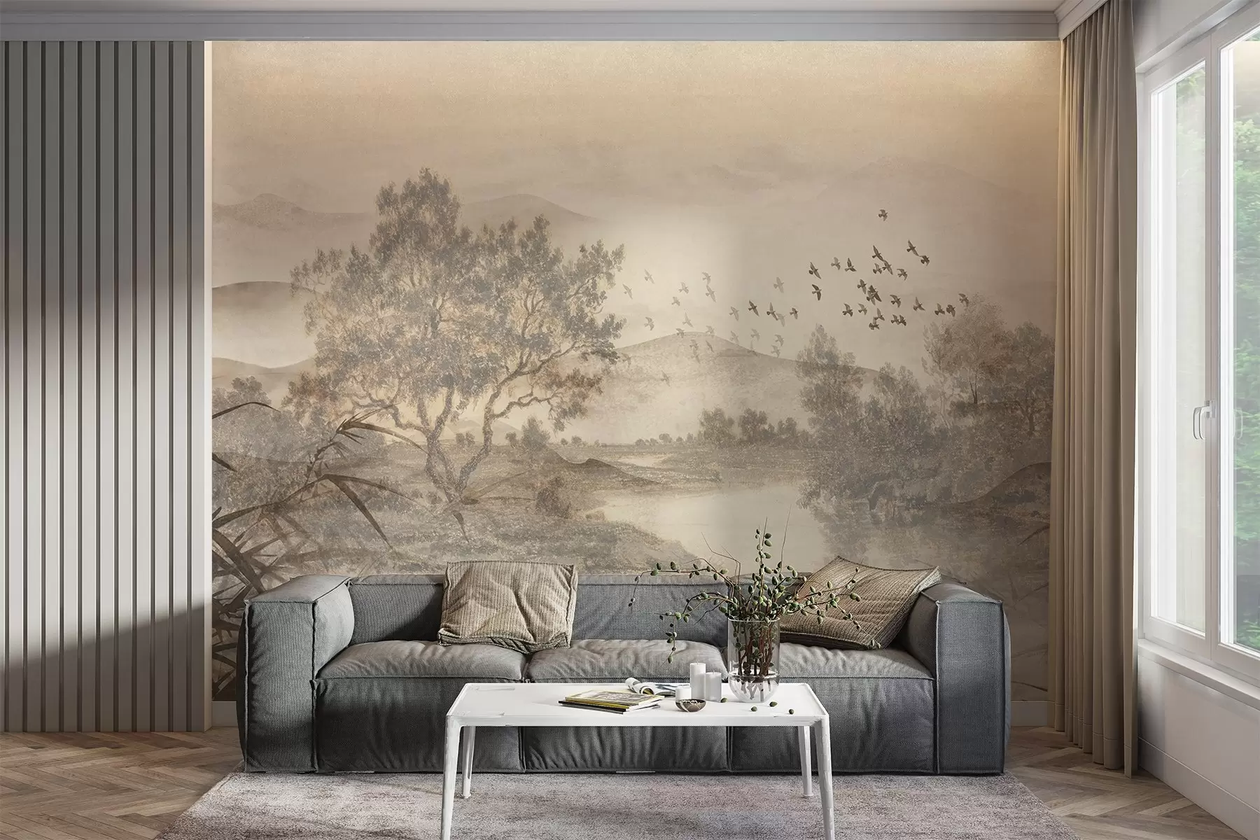 wall murals Textured vintage landscape with a tree near river and a cloudy sky, nature art in sepia tones w08920
