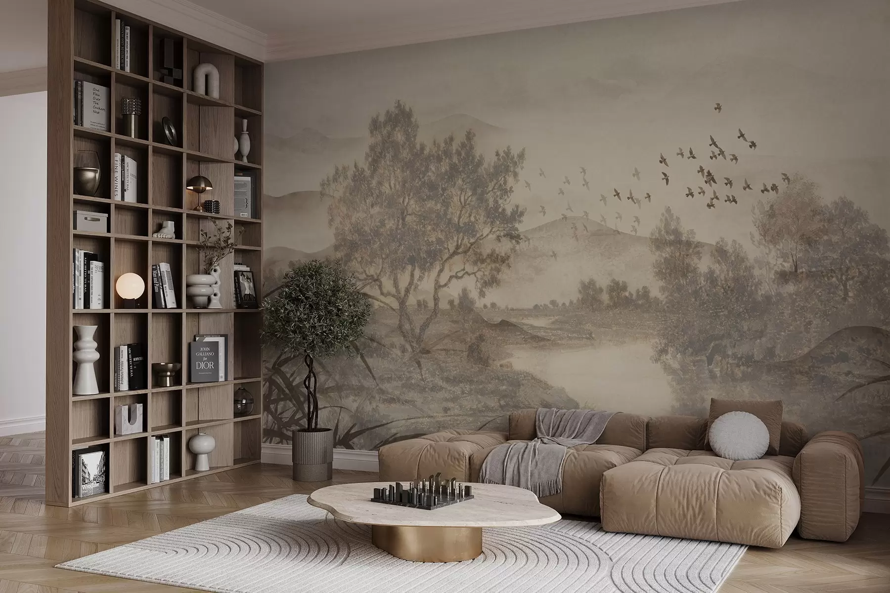 wall murals Textured vintage landscape with a tree near river and a cloudy sky, nature art in sepia tones w08920
