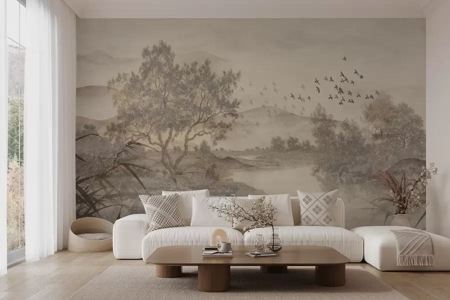Wall murals Textured vintage landscape with a tree near river and a cloudy sky, nature art in sepia tones w08920 buy UK - Uwalls.co.uk wall murals Textured vintage landscape with a tree near river and a cloudy sky, nature art in sepia tones w08920