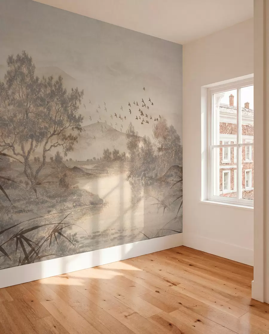 wall murals Textured vintage landscape with a tree near river and a cloudy sky, nature art in sepia tones w08920