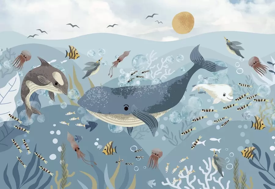 wall murals Kids illustration cute print with blue whale surrounded by fish, squids, jellyfish in a blue ocean with bubbles w08921