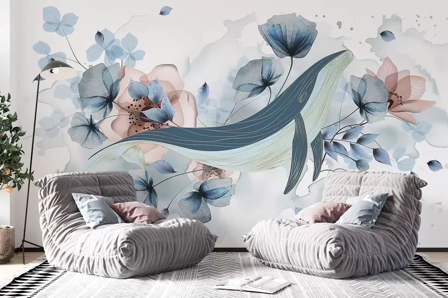 wall murals A blue whale with flowers, watercolor style, light blue and pink colors, light background w08922