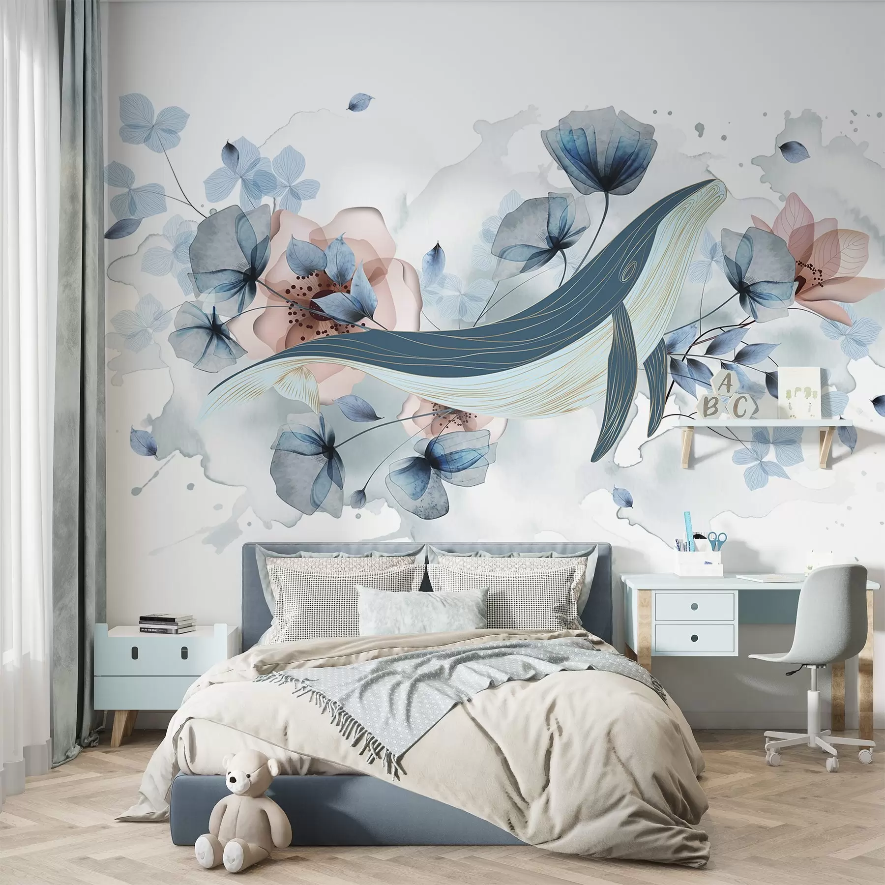 wall murals A blue whale with flowers, watercolor style, light blue and pink colors, light background w08922