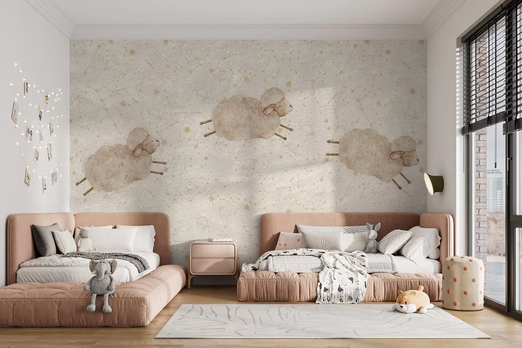 wall murals Jumping sheep on a starry background w08930