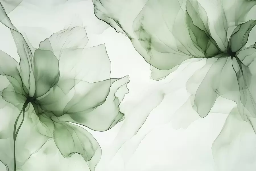 wall murals Fluid style flowers, floral abstraction, watercolor, green color palette  w03406